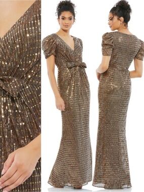 NWT IEENA for Mac Duggal Gold Sequin Bow Waist Cap Sleeve Dress Size 2
